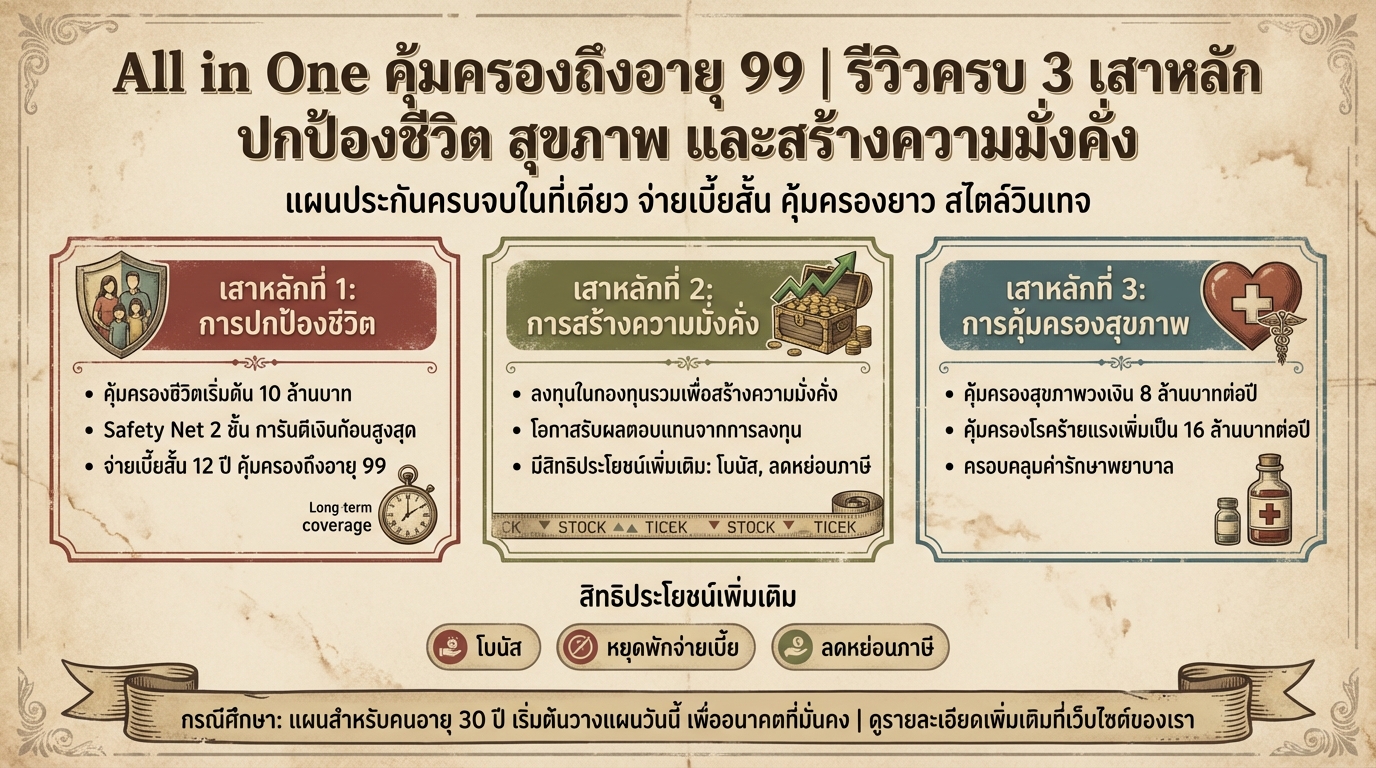 All in One คุ้มครองถึง 99: รีวิวแผนประกันครบ 3 ด้าน ชีวิต สุขภาพ ลงทุน