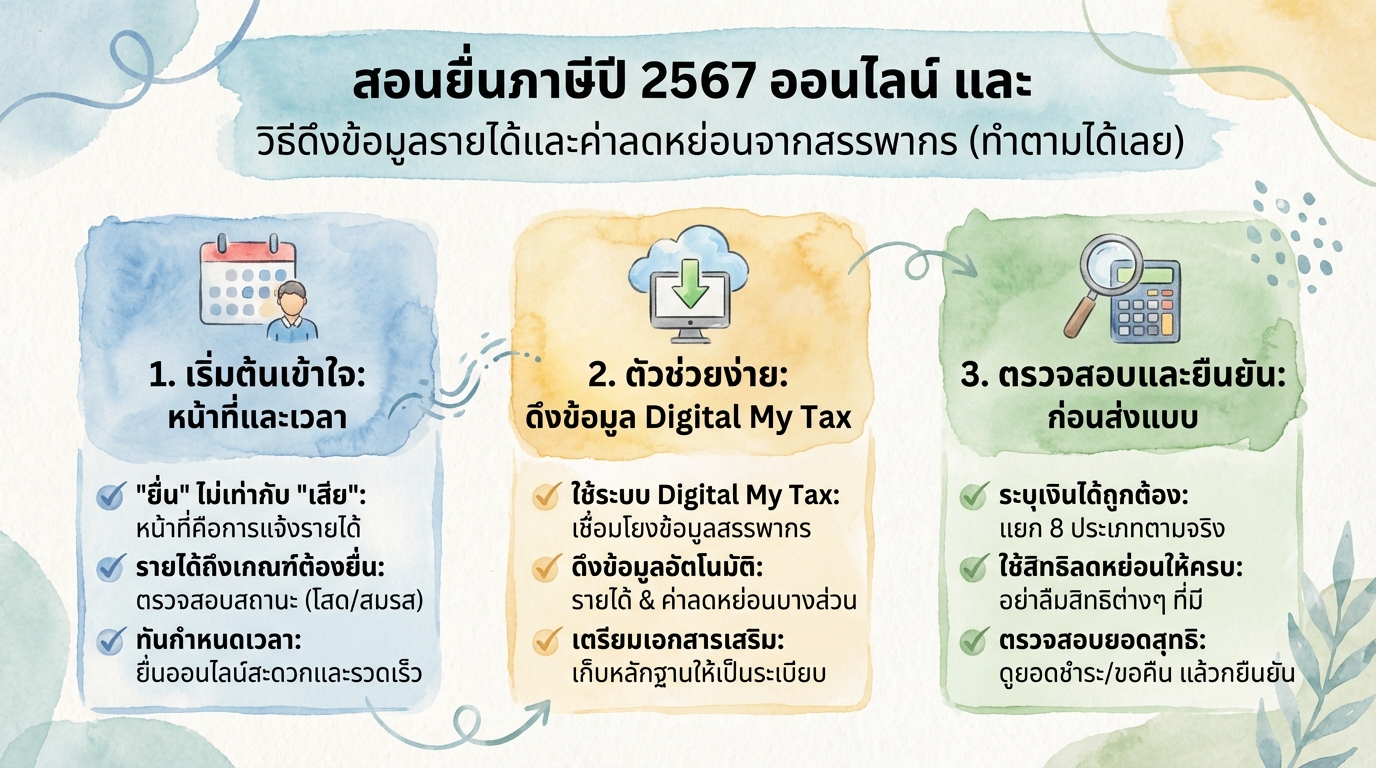 สอนยื่นภาษีปี 2567 ออนไลน์: ดึงข้อมูล & ลดหย่อนภาษี (ทำตามได้เลย)