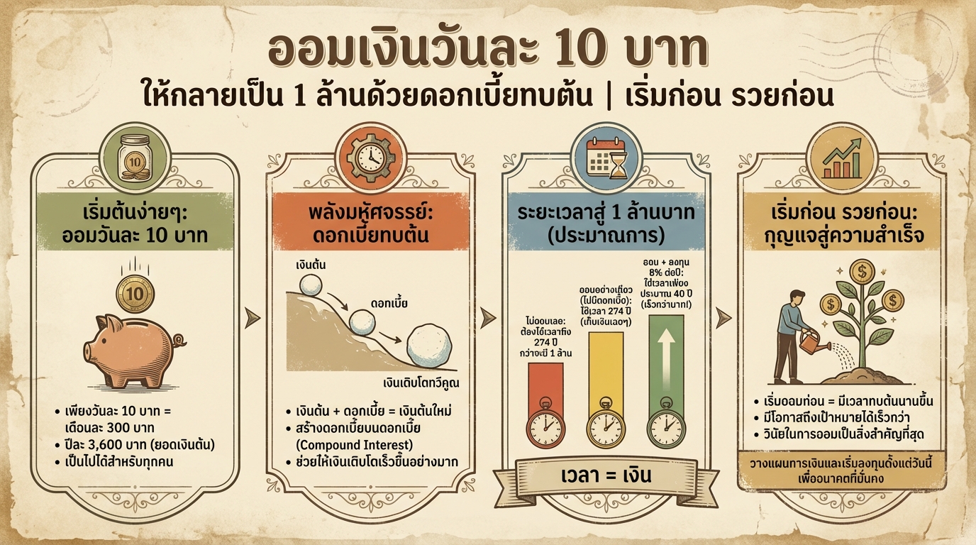 ออมเงินวันละ 10 บาท สู่ 1 ล้านบาท: เคล็ดลับและวิธีทำ | การงอก การเงิน