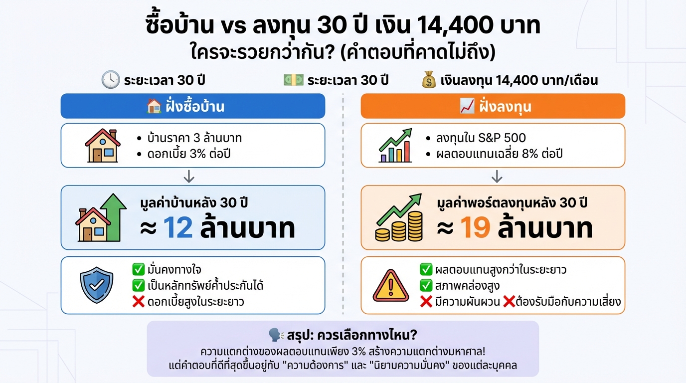 ซื้อบ้าน vs ลงทุน 30 ปี: เงิน 14,400 บาท ใครรวยกว่า? (คำตอบ)