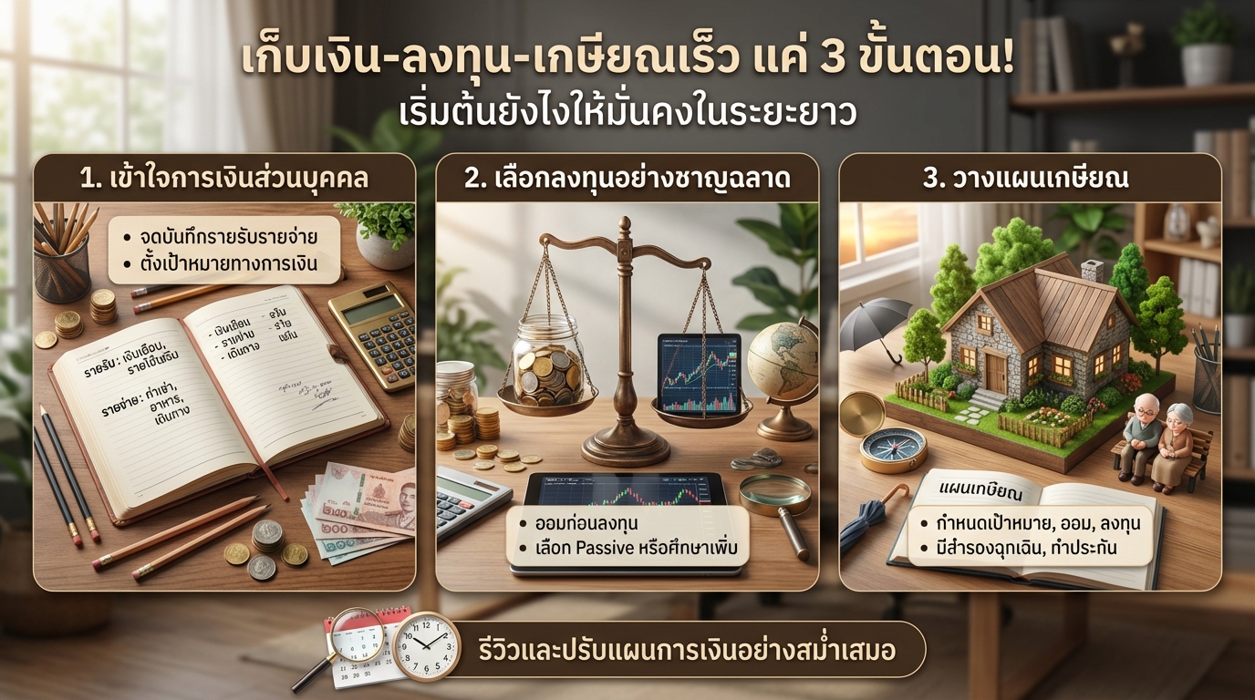 เก็บเงิน ลงทุน เกษียณเร็ว: 3 ขั้นตอนสู่ความมั่นคงทางการเงิน