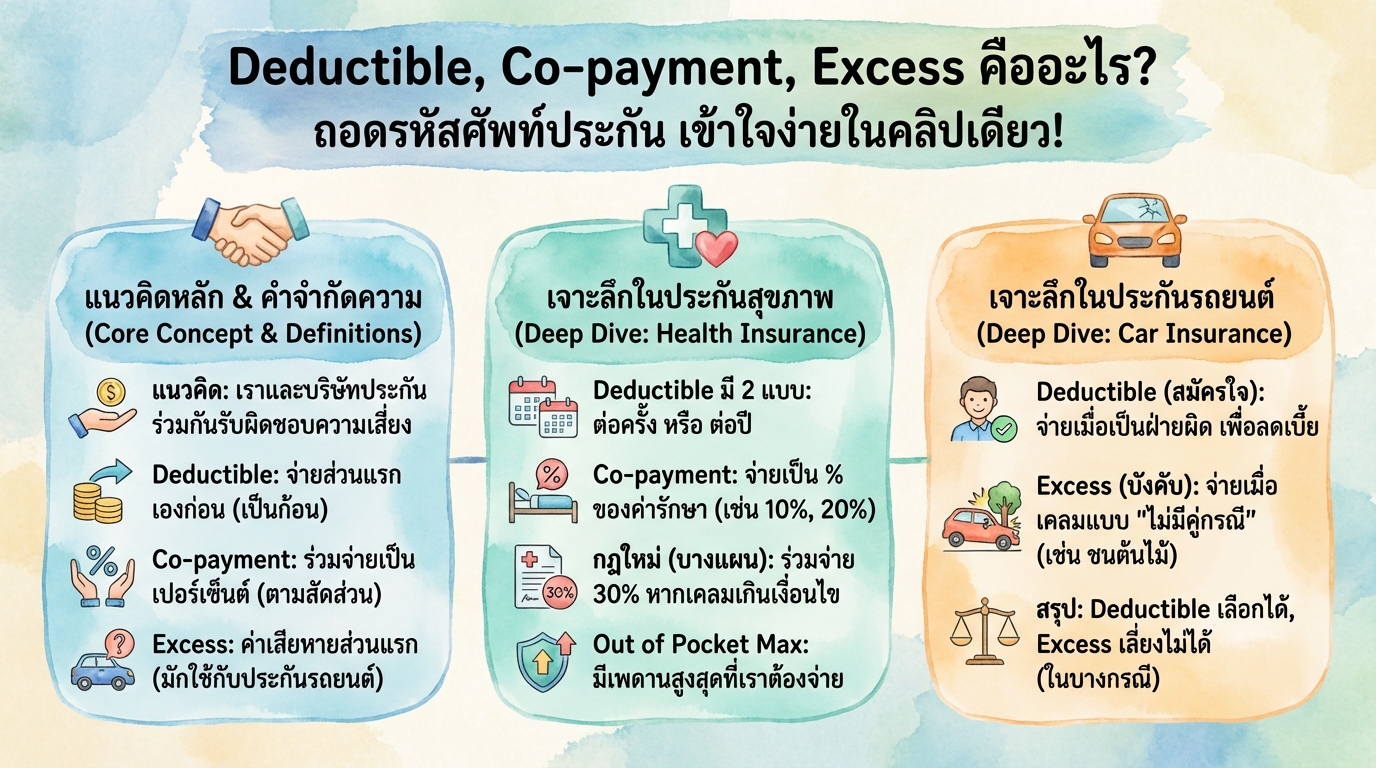 Deductible, Co-payment, Excess คืออะไร? ไขคำศัพท์ประกัน เข้าใจง่าย!